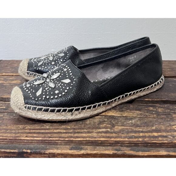 Brighton Jett Espadrilles Size 7 Slip On Leather Shoes Black Silver Studs Wicker - Picture 1 of 6